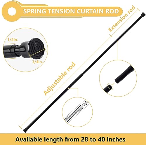KXLife 2Pcs Tension Curtain Rod Adjustable 28-40 Inch, Small Tension Rods No Drill, Expandable Spring Loaded Tension Rods for Window (Black)