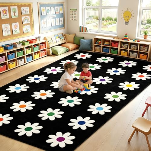 7.6x12 ft Large Daisies on Black Classroom Rug Daisy Educational Area Mat Daisy Flowers Multicolor Play Carpet Educational Classroom Learning Mat for Preschool Playroom Elementary Kindergarten(Black)