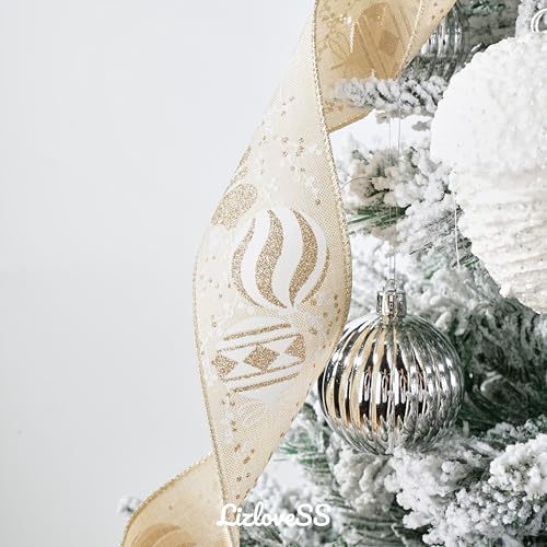 Ivory and Champagne Gold Christmas Tree Topper Bow 13 x 53 Inch Large With Streamer and Bauble Patterns for Xmas Tree Wreaths Door Staircase Home Decor