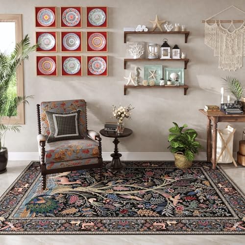 Rugcomf Area Rug 4x6 Washable Non Slip Tree of Life-Patterned, Black