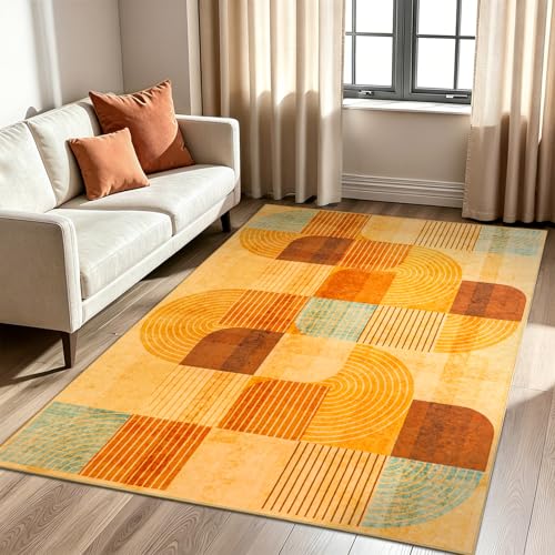 Modern Geometric Washable Large Entryway Rug Indoor, 3x5 Orange