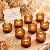 12 Pcs Amber Tealight Candle Holder Glass Votive Candle Holder| 2" x 1.4" Small Votive Candle Holders for Fall Halloween Thanksgiving Christmas Wedding Decor Table Centerpiece Party Supplies