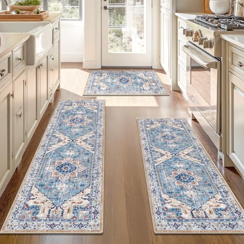 Washable Kitchen Runner Rugs Set of 3 with Non Slip Rubber Backing
