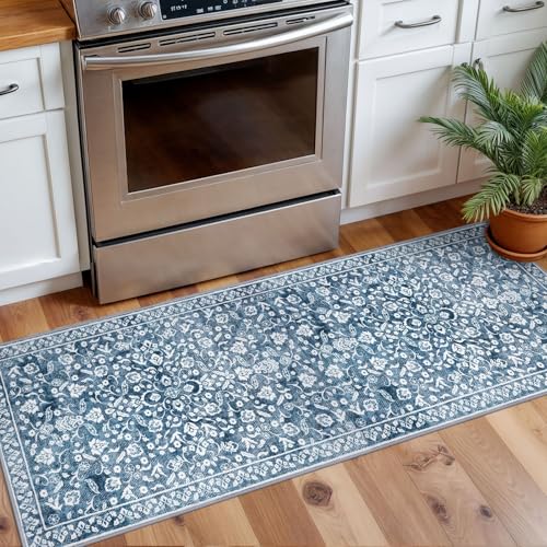 Vintage Washable 2x5 Rug, Blue and White Hallway Runner, Super Soft Non-Slip Kitchen Runner, Print Faux Wool Floral Thin Carpet for Entryway & Bedside