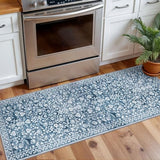Vintage Washable 2x5 Rug, Blue and White Hallway Runner, Super Soft Non-Slip Kitchen Runner, Print Faux Wool Floral Thin Carpet for Entryway & Bedside