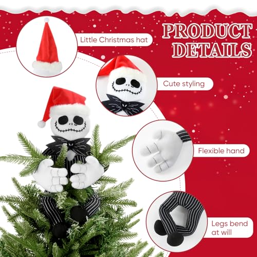 Tree Topper Decorations for Halloween and Christmas, Cute Plush Jack Huggers with Santa Hat, Poseable Handmade Tree Topper Party Decor