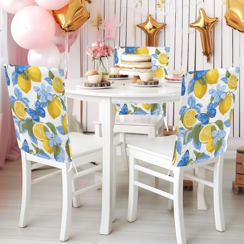 ALAZA Lemons Blue Butterfly Chair Back Cover Set of 2, Washable Reusable Removable Chair Slipcovers Decorative Chair Cover for Home Kitchen Wedding Party