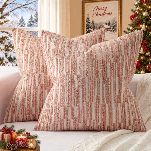 Boho Striped Decorative Throw Pillow Covers Set of 2,16"X16",Pink
