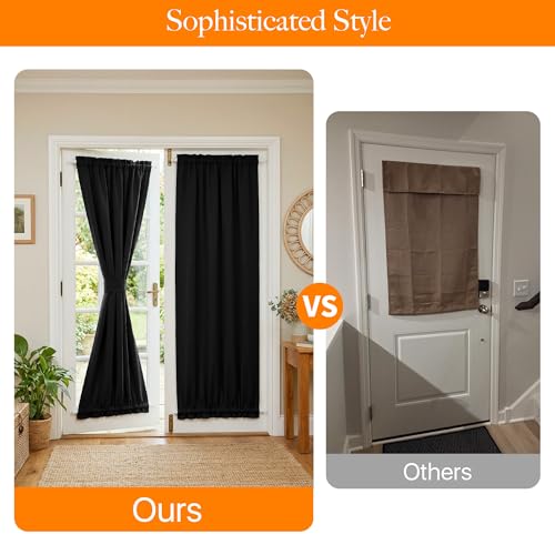 RYB HOME 100% Blackout French Door Curtain for Door Window with Dual Rod Pocket No Coating - Privacy Assured Thermal Insulated Room Darkening Drapes for Sidelight Window, W 26 x L 72, 1 Panel, Black