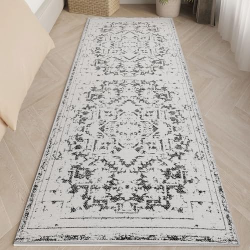 Vintage Runner Rug Non Slip for Hallway Bathroom Kitchen 3x8 ft, Ultra Soft Boho Carpet Runner with Low Pile Design Machine Washable Runner Rugs for Entryway Laundry Living Room (Black)