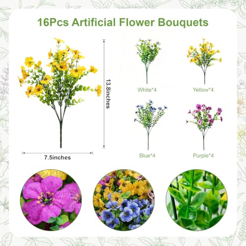Artificial Fake Flowers for Outdoor UV Resistant,16 Bundles Silk Outside Plants Decoration for Hanging Planters, Daisy Eucalyptus Faux Flower Spring Summer Garden Yard Patio Balcony Home