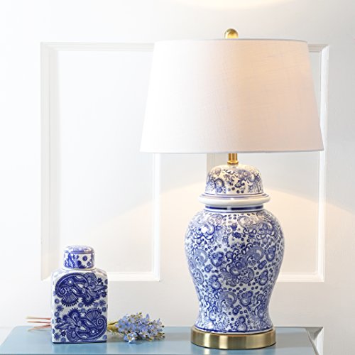 JONATHAN Y 29.5" Blue/White Ceramic Table Lamp for Living Room and Office, White Linen Drum Shade, Traditional Chinoiserie Ginger Jar Lamp, LED Bulb Included JYL3008A
