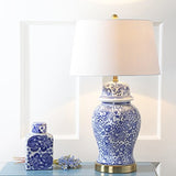 JONATHAN Y 29.5" Blue/White Ceramic Table Lamp for Living Room and Office, White Linen Drum Shade, Traditional Chinoiserie Ginger Jar Lamp, LED Bulb Included JYL3008A