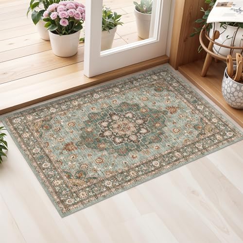 Washable Oriental Area Rug - 2x3 Rugs for Living Room Soft Carpet for Bedroom Waterproof Floral Distressed Indoor Stain Resistant Non-Shedding Floor Carpets (Green, 2x3)