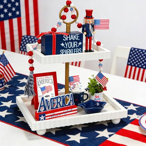 4th of July Decorations Patriotic Tiered Tray Decor Set, 8 PCS Memorial Day Fourth of July Decorations for Home Office Farmhouse Red White and Blue Tabletop Centerpieces Shelf Mantel Tray Decor Signs