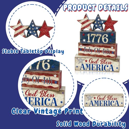 4th of July Table Decorations Patriotic Memorial Day Tiered Tray Decor Wooden Star Block Signs Independence Farmhouse 250th July Fouth Centerpiece for Tables Wooden Sign for Home Decor