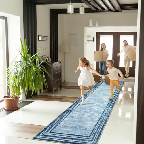 Lahome Amabel Abstract Runner Rug,2.5x12 Hallway Runner Non Slip Kitchen Runner Rug Non Skid Washable,Low-Pile Soft Blue Runners for Hallways 12 ft Minimalist Solid Indoor Carpet Runner for Entryway