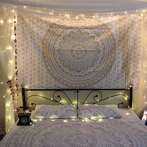 ANJANIYA Ombre Wall Hanging Bohemian Tapestry, Metallic Wall Art Bedspread, Psychedelic Hippie Mandala Dorm Décor for Hanging, Bedding, Beach Coverlet Curtain, Gold, 54"X60"