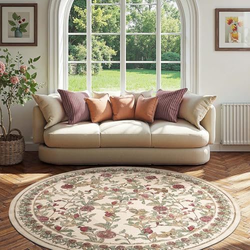 jinchan 8ft Round Rug Floral Vintage Washable Area Rug, Red/Green