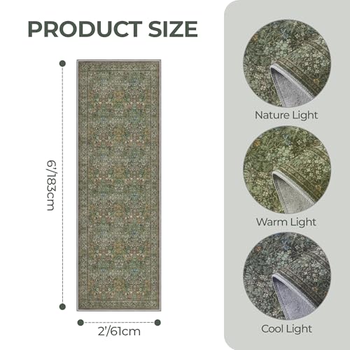 2x6 Runner Rug, Green Floral Rug for Entryway, Moynesa Washable Kitchen Rugs with Rubber Backing, Thin Soft Botanical Runners for Hallways, Bedroom, Laundry, Bathroom(2'x6', Dark Green)