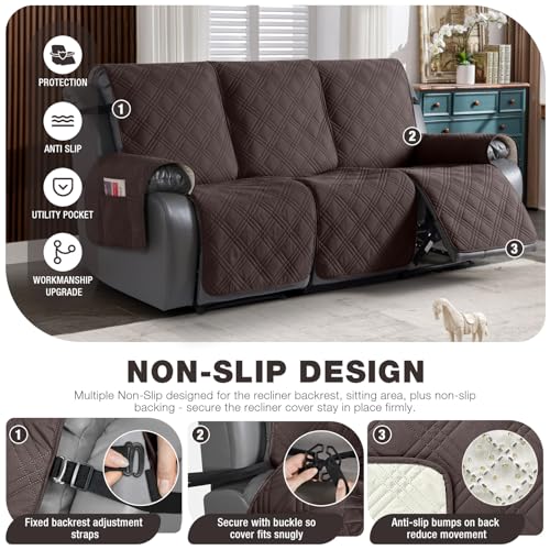 TAOCOCO 100% Waterproof Recliner Sofa Cover Non Slip Couch Cover for 3 Seat Reclining Sofa, Split Reclining Couch Covers 3-Piece with Straps, Washable Sofa Slipcover for Kids Pets(3 Seater, Chocolate)