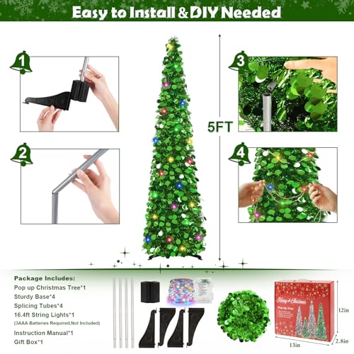 MACTING Pop Up Christmas Tree with 50 LED Lights 5FT Collapsible Tinsel Pencil Tree Easy-Assembly Coastal Glitter Artificial Tree for Porch Apartment Corner Home Party Indoor Xmas Decorations,Green