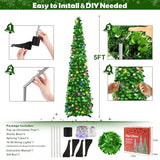 MACTING Pop Up Christmas Tree with 50 LED Lights 5FT Collapsible Tinsel Pencil Tree Easy-Assembly Coastal Glitter Artificial Tree for Porch Apartment Corner Home Party Indoor Xmas Decorations,Green