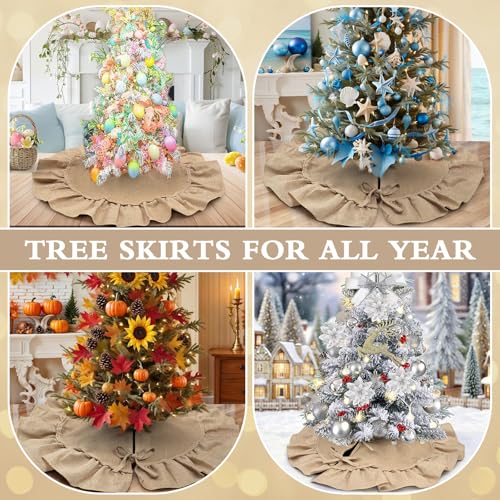 yuboo 24 Inch Burlap Tree Skirt, Small Tree Skirt for 2-3 Ft Tabletop Trees, Rustic Mini Christmas Tree Skirt with Ruffle Edge, Farmhouse Holiday Decor
