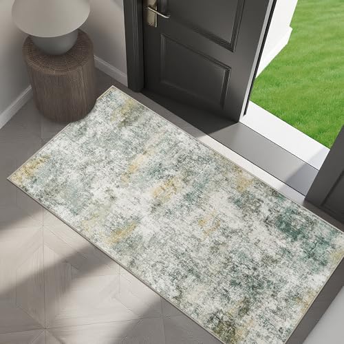 2x4 Rug for Entryway Washable: Abstract Modern Runner for Kitchen Green