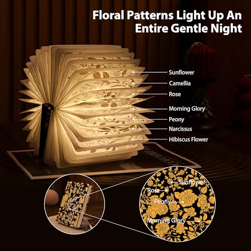 Book Lover Gift, Folding Book Lamp Decor, Portable Print Book Light | 1200mAh Rechargeable Night Light, Paper Desk Lamp, Reading Bookshelf Lamp, Gift for Women & Readers & Christmas (Black）