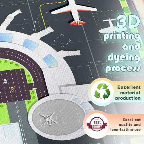 Play Rug for Kids Playroom, 2x3 Airport Carpet with City Road Traffic System and Aircraft Runway, Airport Playmat Airplane Rugs Non-Slip Washable Area Mat for Boys Bedroom