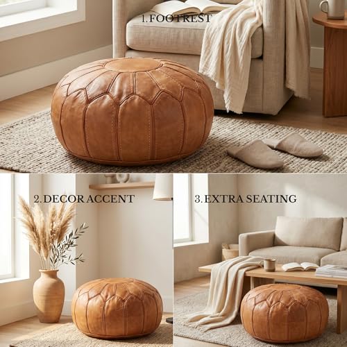 Moroccan Handmade Leather Pouf Ottoman — Round Genuine Leather Footstool, Hand-Stitched Unstuffed Pouf Cover for Living Room, Bedroom & Nursery (Cognac Brown)