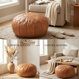 Moroccan Handmade Leather Pouf Ottoman — Round Genuine Leather Footstool, Hand-Stitched Unstuffed Pouf Cover for Living Room, Bedroom & Nursery (Cognac Brown)