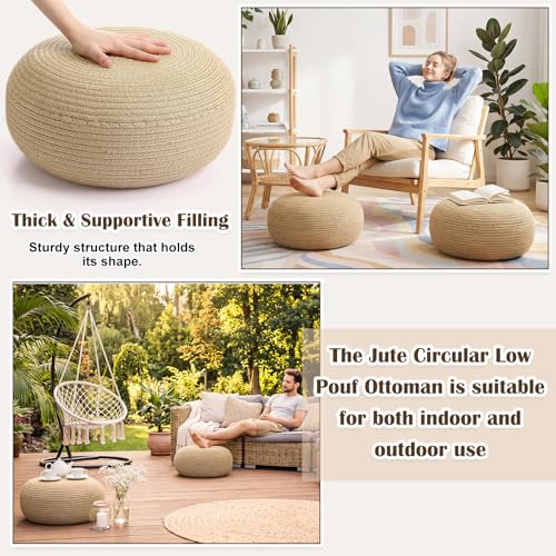 Briwooody 2 Pcs Handmade Round Jute Low Pouf Ottoman - Braided Floor Seating Cushion, 16" x 16" x 8" Natural Fiber Foot Rest Stool, Boho Decor for Living Room, Bedroom, and Patio