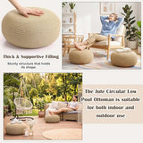 Briwooody 2 Pcs Handmade Round Jute Low Pouf Ottoman - Braided Floor Seating Cushion, 16" x 16" x 8" Natural Fiber Foot Rest Stool, Boho Decor for Living Room, Bedroom, and Patio