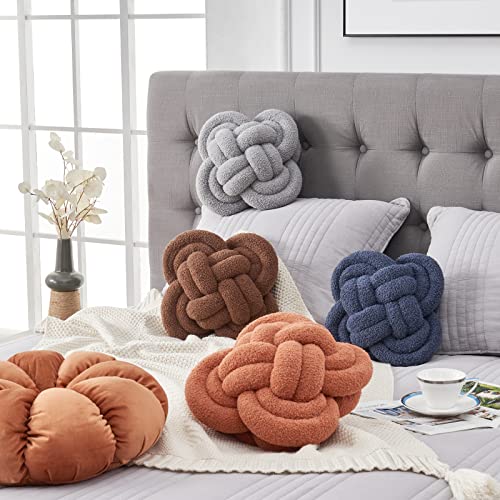 Knot Pillow, 12" Soft Decorative Throw Pillows for Couch Bed, Gray Pink Knotted Plush Throw Pillow Handmade Square Cushion Home Decor Pillows (Dark Brown, 12 Inches X12 Inches)