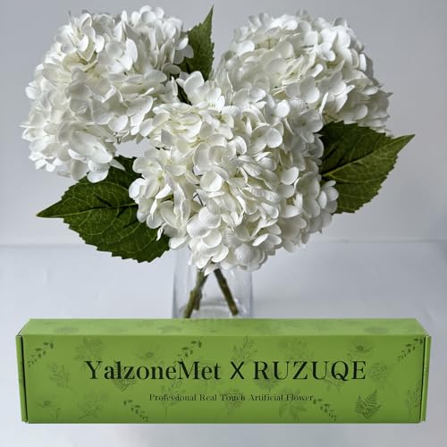 YalzoneMet 3 PCS White Hydrangea Artificial Flowers 21 inchs Real Touch Faux Hydrangea Flowers for Wedding Tables Centerpieces Fake Flowers for Party Home Kitchen Decor