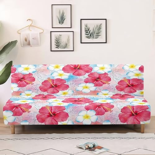 Armless Futon Cushion Covers Coastal Floral Rectangular Sofa Slipcovers Hibiscus Flower Futon Couch Cover with Elastic Bottom for Living Room Bedroom Hotel Furniture Protector