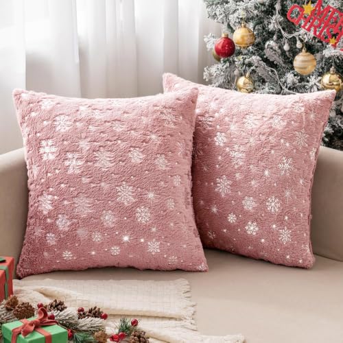 MIULEE Christmas Decorations Pillow Covers 20x20 Pink Silver Snowflake