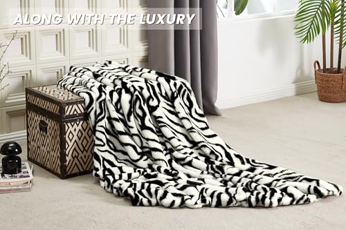 JONIYEAR Soft Fluffy Zebra Print Faux Rabbit Fur Throw Blanket 50" x 60", Luxury Cozy Shaggy Fuzzy Blankets, Reversible Cute Warm Animal Printed Blanket for Women Winter,Washable,Cream White and Black