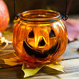 Halloween Candle Holders Set of 4, SHMILMH Tealight Votive Candle Holders with Grimace, Metal Hanging Pumpkin Jack O Lanterns Decorative Halloween Table Centerpiece Orange