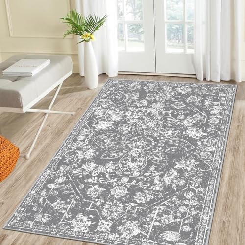 Pauwer Vintage Area Rug 3x5, Non Slip Distressed Entry Throw Rug, Grey