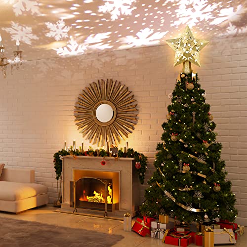 Christmas Tree Topper Projector, LED Star Tree Topper Lighted, Glitter Gold Star Topper Projector with Rotating Snowflake Projection for Indoor Christmas Tree Decor, Xmas Decorations
