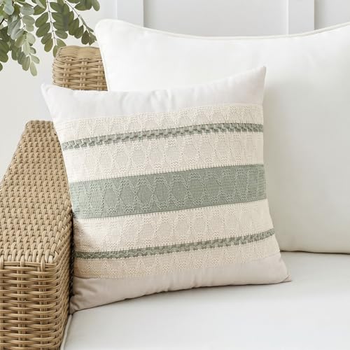 Fancy Homi Set of 2 Sage Green Boho Decorative Throw Pillow Covers 18x18 Inch for Living Room Bedroom Couch Bed Sofa Chair, Rustic Retro Cushion Case 45x45 cm, Bohemian Room Home Decor