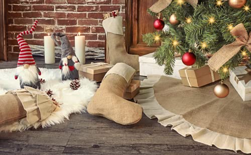 Christmas Tree Skirt, 48 inches Natural Burlap Jute with Ruffle Edge, Rustic Xmas Holiday Decoration