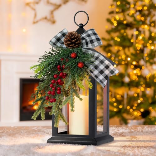 Christmas Decorative Lantern with LED Candle – Black Lantern with Pinecones, Black Bow – Battery Operated Christmas Table Centerpiece for Indoor Decor(1pack)