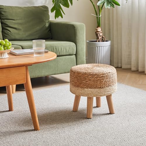 YMYNY Foot Stool,12.6"Round Small Ottoman, Natural Seagrass Hand Weave
