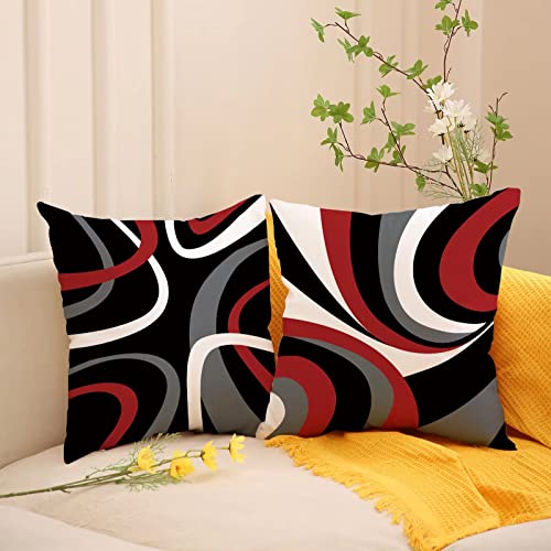 Red and Black Throw Pillow Covers 18x18 Set of 4,Grey Modern Abstract Pillowcases,Gray Geometric Circle Pattern Decor for Sofa Couch Living Room Bedroom Home Outdoor