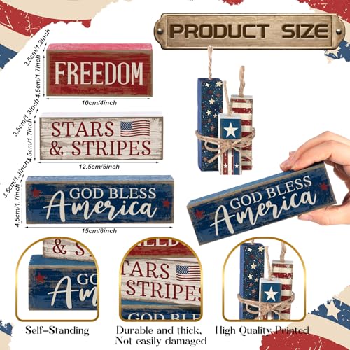 CroBlissful 4 Pcs 4th of July Decorations Patriotic Memorial Day Tabletop Decorations Red White Blue Table Centerpieces Sign for Office Tiered Tray Home Shelf 250th Anniversary(Freedom)