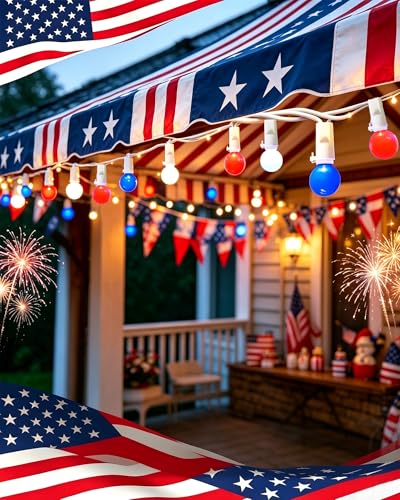 Red White Blue Lights Outdoor 17.5Ft 4th of July Lights 50 LED G15 Globe Patriotic String Light, Plug in Red White and Blue String Light for Fourth of July Memorial Day Patio Christmas Home Decor